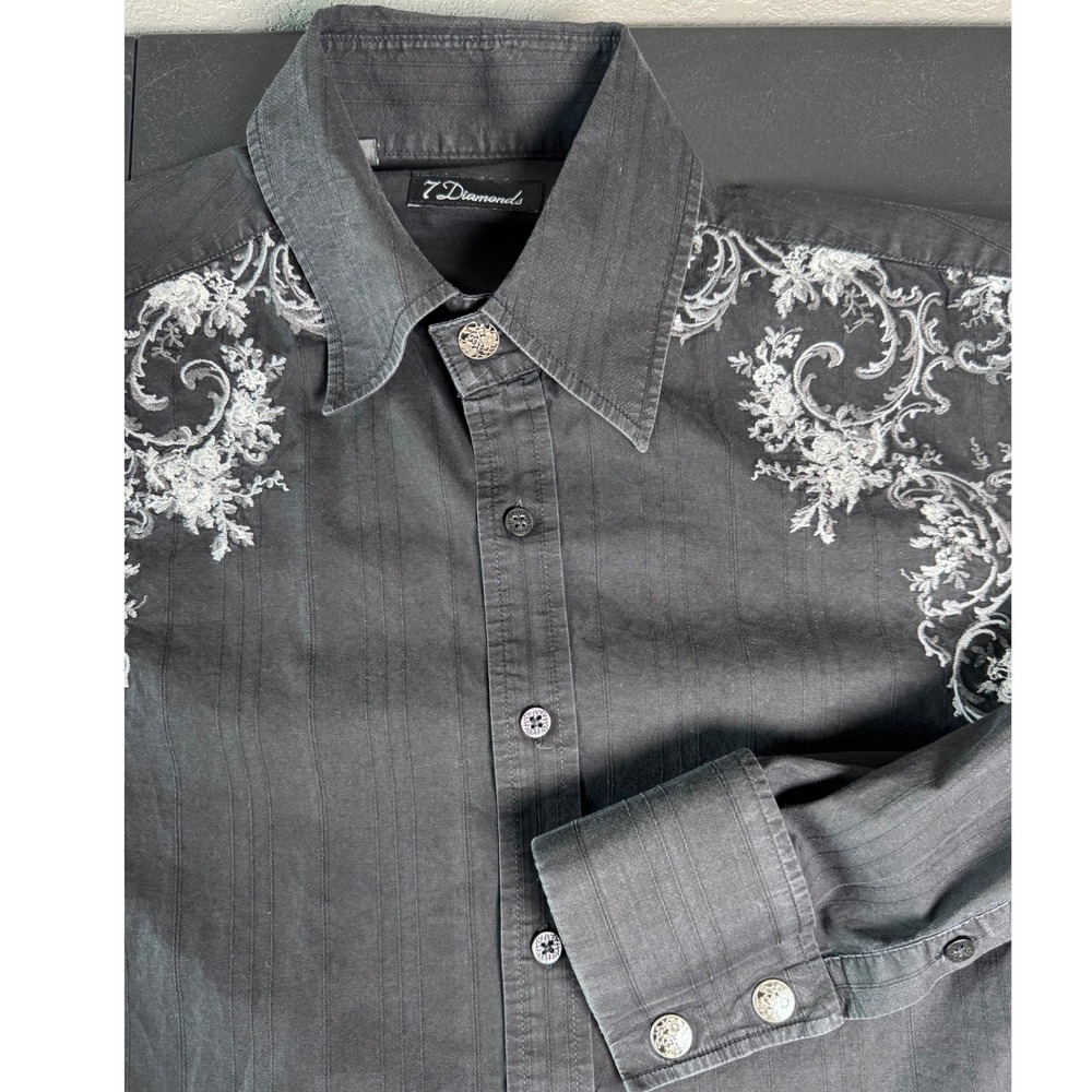 7‎ Diamonds Mens Black Embroidered Long Sleeve Button Down Shirt Gothic Rocker M